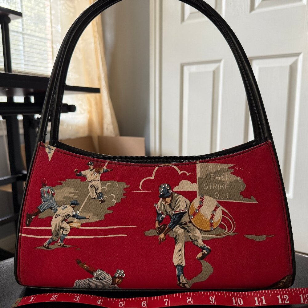 Black Leather & Red Baseball Canvas Print purse; w/understated Rhinestones